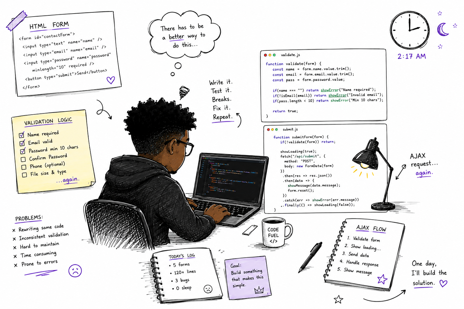 A developer working on HTML forms late at night, repeatedly writing validation logic and AJAX requests.